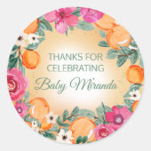 Orange Pink Boy Girl Citrus Fruit Baby Dusche Runder Aufkleber (Vorderseite)