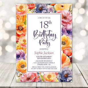 Orange Pink Floral 18. Geburtstagsparty Einladung