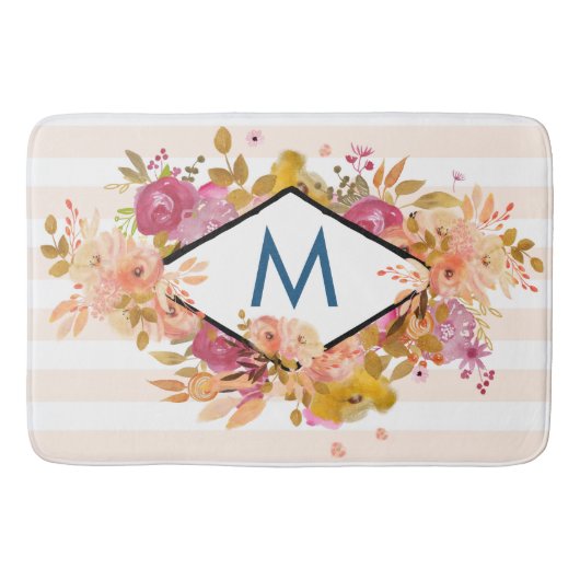 Orange & Pink Floral Bouquet Monogram Badematte (Vorderseite)