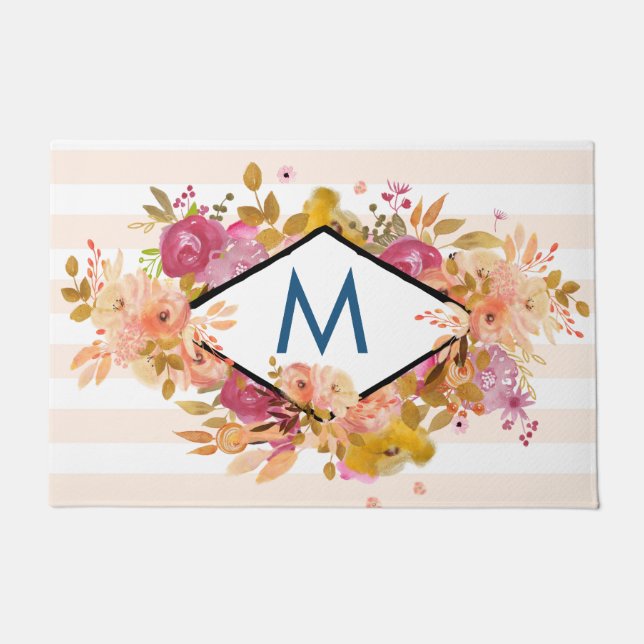 Orange & Pink Floral Bouquet Monogram Fußmatte (Vorderseite)