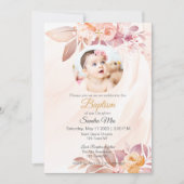 Orange Pink Floral mit Foto Taufe Einladung (Vorderseite)