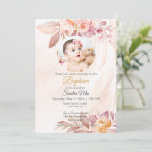Orange Pink Floral mit Foto Taufe Einladung (Stehend Vorderseite)