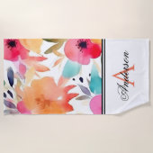 Orange/Pink Floral Monogramm Strandtuch (Vorderseite)