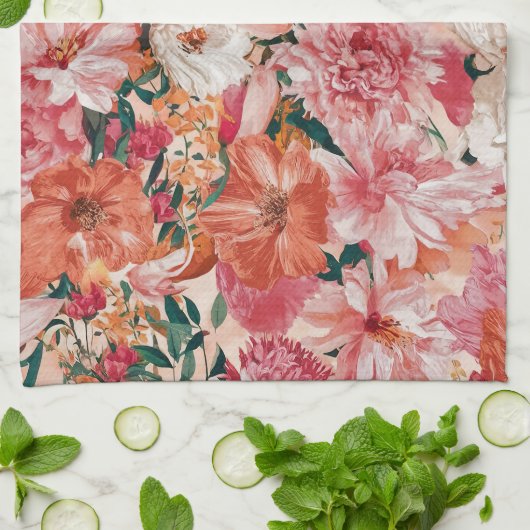 Orange Pink Floral Muster Geschirrtuch (Gefaltet)