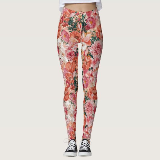 Orange Pink Floral Muster Leggings (Vorderseite)