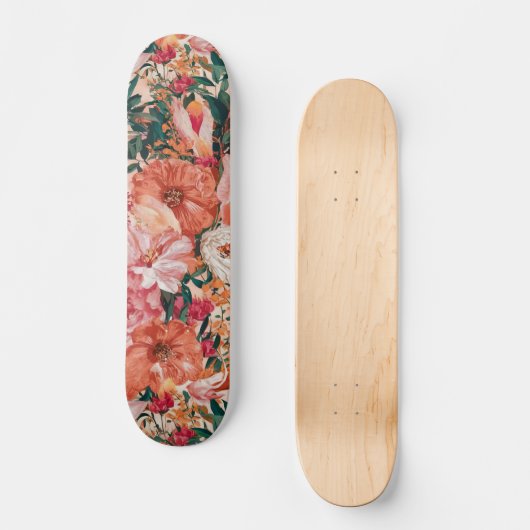Orange Pink Floral Muster Skateboard (Vorderseite)