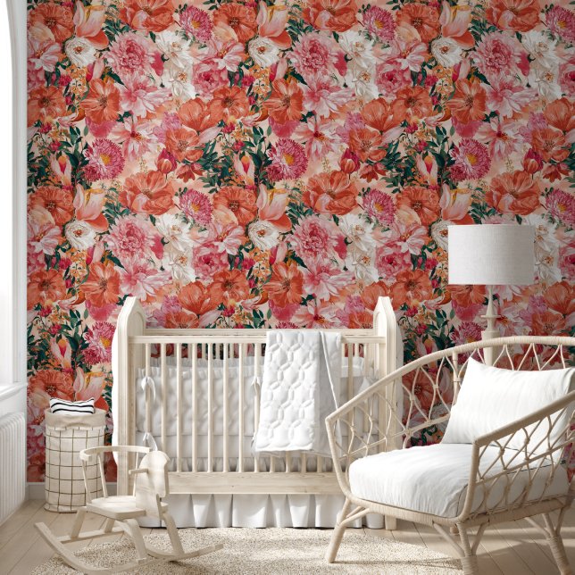 Orange Pink Floral Muster Tapete (Kinder)