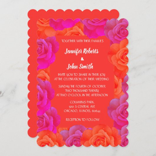 Orange Pink Floral Rose Muster QR Code Hochzeit Einladung (Vorne/Hinten)