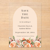 Orange pink floral wedding arac Save the Date Card Acryleinladungen (Vorderseite)