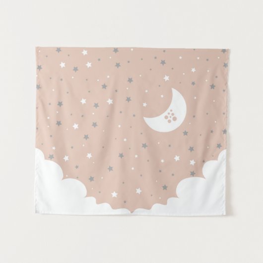 Orange Pink Moon and Stars Night Sky Wandteppich (Vorderseite (Horizontal))