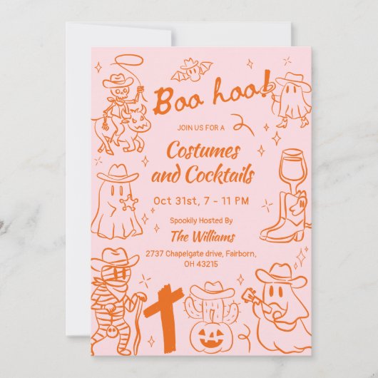 Orange Pink Quirky Hand Drawn Cowboy Halloween Einladung (Vorderseite)