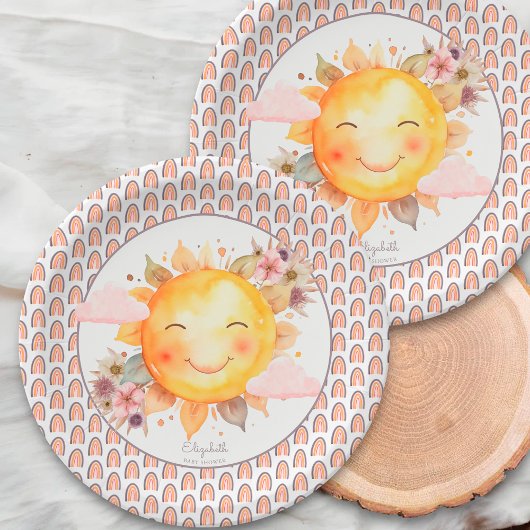 Orange Pink Rainbow Floral Boho Sun Baby Shower Pappteller