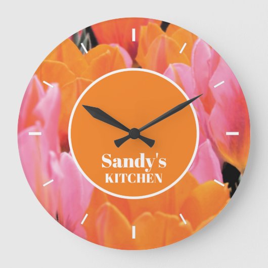 Orange & Pink Tulip Foto Personalisiert Große Wanduhr (Vorderseite)