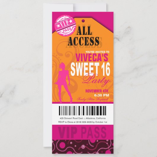 Orange, Pink und Fuschia VIP Sweet 16 Ticket Einladung (Vorderseite)