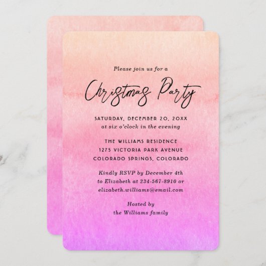 Orange Pink Watercolor Weihnachts-Party Einladung (Vorne/Hinten)