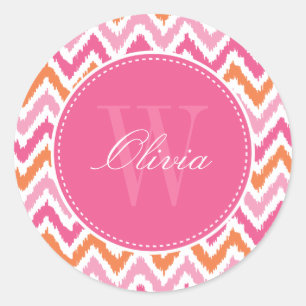 Orange Pink Zigzag Ikat Muster Monogram Runder Aufkleber