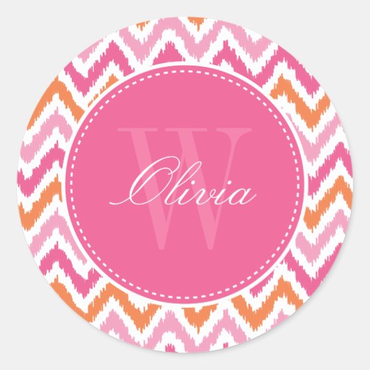 Orange Pink Zigzag Ikat Muster Monogram Runder Aufkleber (Vorderseite)