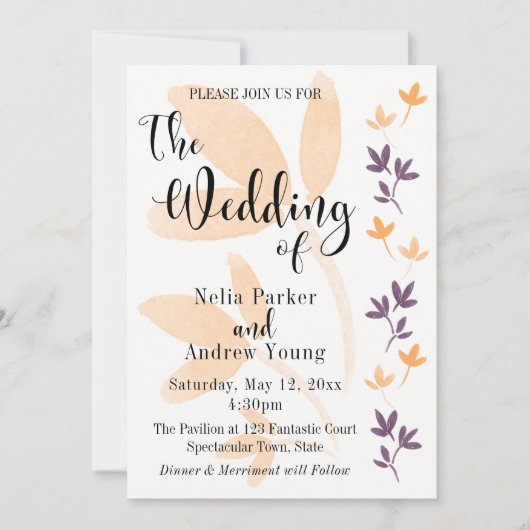 Orange & Plum Blätter Hübsche Typografie Hochzeit Einladung (Vorderseite)