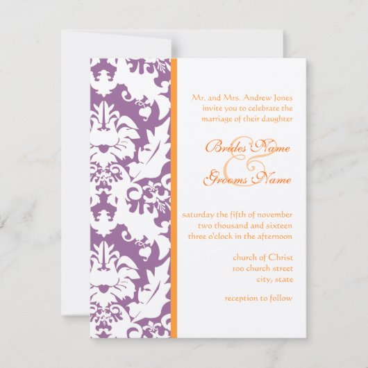 Orange & Plum Damask Hochzeitseinladungen Einladung (Vorderseite)