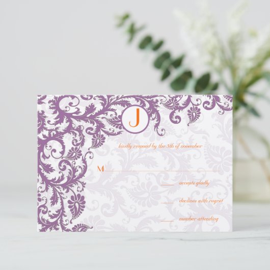 Orange Plum Damask Monogram Wedding Einladung (Stehend Vorderseite)
