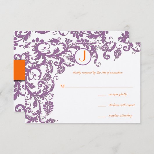 Orange Plum Damask Monogram Wedding Einladung (Vorne/Hinten)