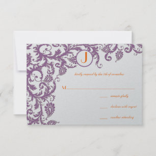 Orange Plum Damask Monogram Wedding Einladung