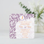 Orange Plum Damask Monogram Wedding Einladung (Stehend Vorderseite)