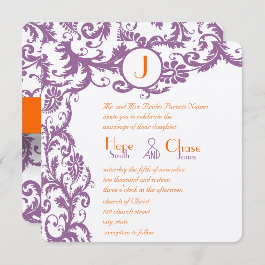 Orange Plum Damask Monogram Wedding Einladung (Vorne/Hinten)