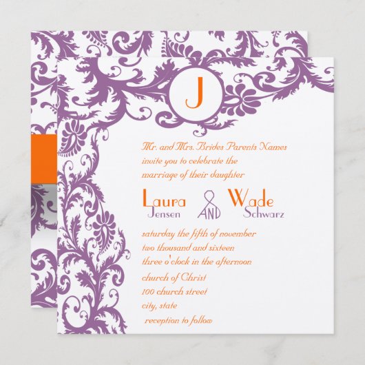 Orange Plum Damask Monogram Wedding Einladung (Vorne/Hinten)