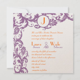 Orange Plum Damask Monogram Wedding Einladung
