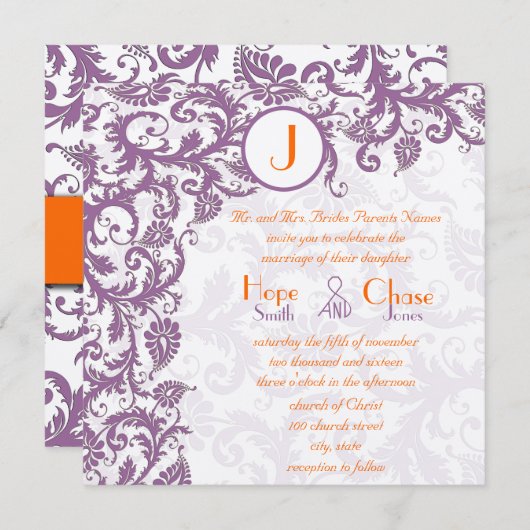 Orange Plum Damask Monogram Wedding Einladung (Vorne/Hinten)