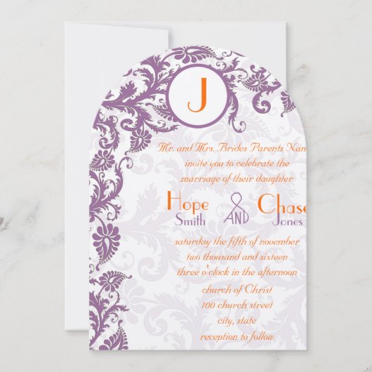 Orange Plum Damask Monogram Wedding Einladung (Vorderseite)