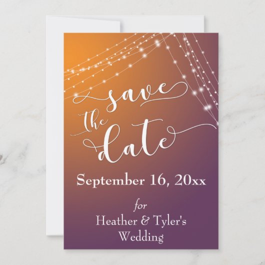 Orange Plum Ombre & Light Strings Save the Date (Vorderseite)