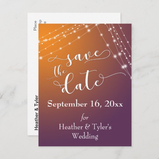 Orange Plum Ombre & Light Strings Save the Date Ankündigungspostkarte (Vorne/Hinten)