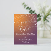 Orange Plum Ombre & Light Strings Save the Date Ankündigungspostkarte (Stehend Vorderseite)