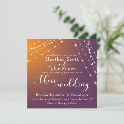 Orange Plum Ombre & Light Strings Wedding 2b Einladung (Stehend Vorderseite)