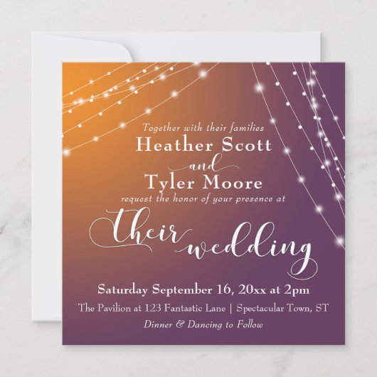 Orange Plum Ombre & Light Strings Wedding 2b Einladung (Vorderseite)