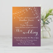 Orange Plum Ombre & Light Strings Wedding Einladung (Stehend Vorderseite)