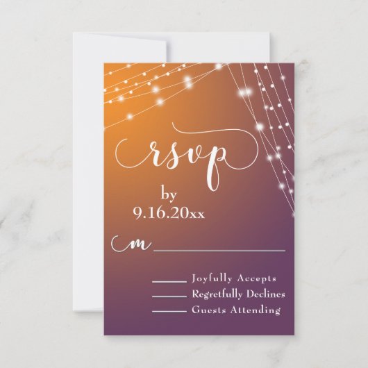 Orange Plum Ombre & Light Strings Wedding RSVP 2 Karte (Vorderseite)