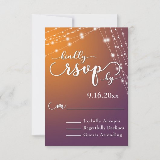 Orange Plum Ombre & Light Strings Wedding RSVP Karte (Vorderseite)