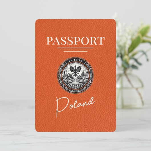Orange Poland Passport Save the Date (Stehend Vorderseite)