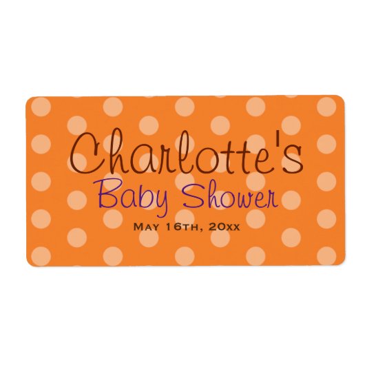 Orange Polka Dot Baby Dusche Wasserflaschen Labels (Vorne)