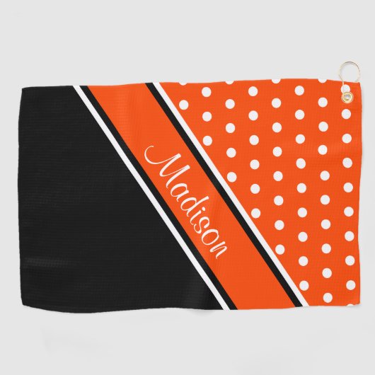 Orange Polka Dot Black Diagonal Script Name Golfhandtuch (Horizontal)