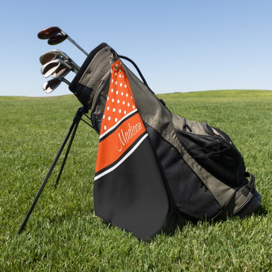 Orange Polka Dot Black Diagonal Script Name Golfhandtuch (Gras)