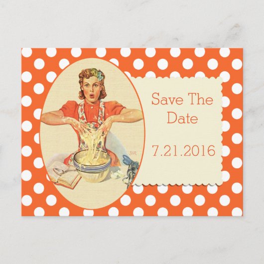 Orange Polka Dot Retro Save the Date Postkarte (Vorderseite)