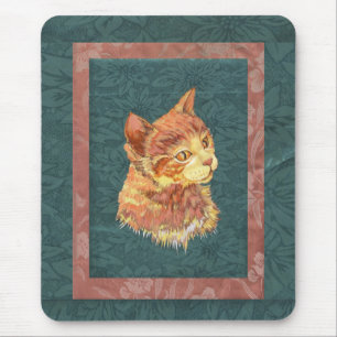 Orange Pop-KunstTabby auf grünem silk Brokatdruck Mousepad