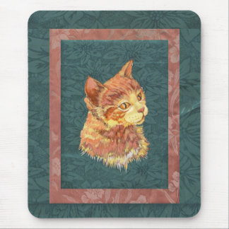 Orange Pop-KunstTabby auf grünem silk Brokatdruck Mousepad
