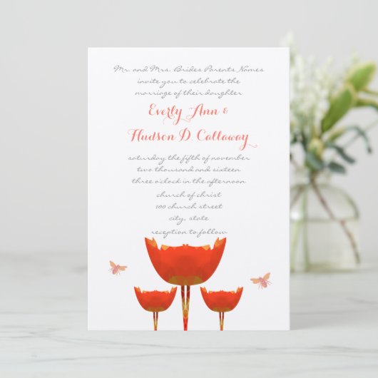 Orange Poppies & Bumble Bees Hochzeitseinladung Einladung (Stehend Vorderseite)