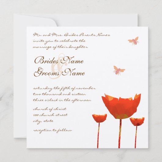 Orange Poppies & Bumble Bees Hochzeitseinladung Einladung (Vorderseite)