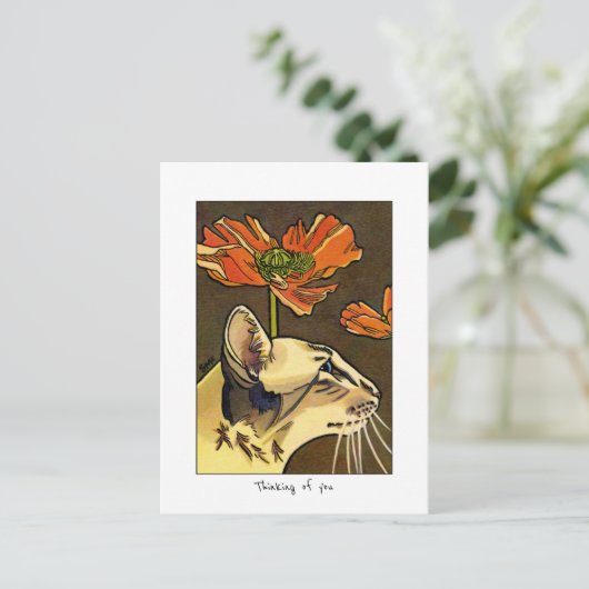 Orange Poppies Cat Thinking Custom Postkarte (Stehend Vorderseite)